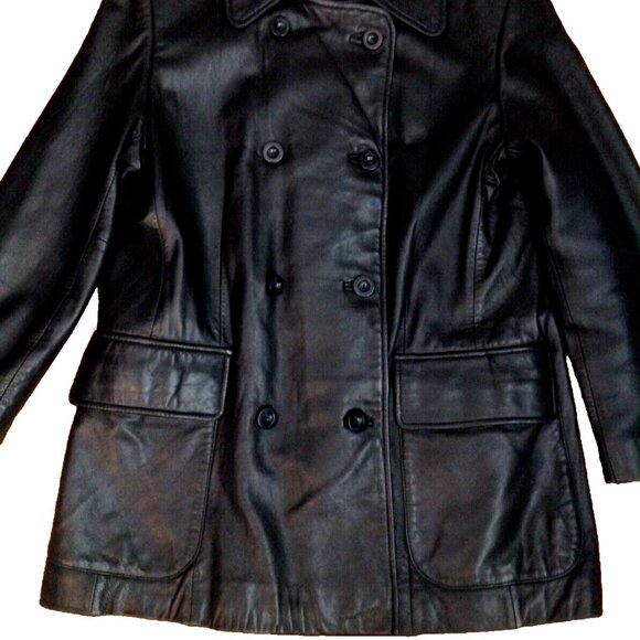 JONES NEW YORK BLACK LEATHER PEACOAT JACKET WOMENS M BUTTON UP DOUBLE BREASTED - Picture 2 of 15